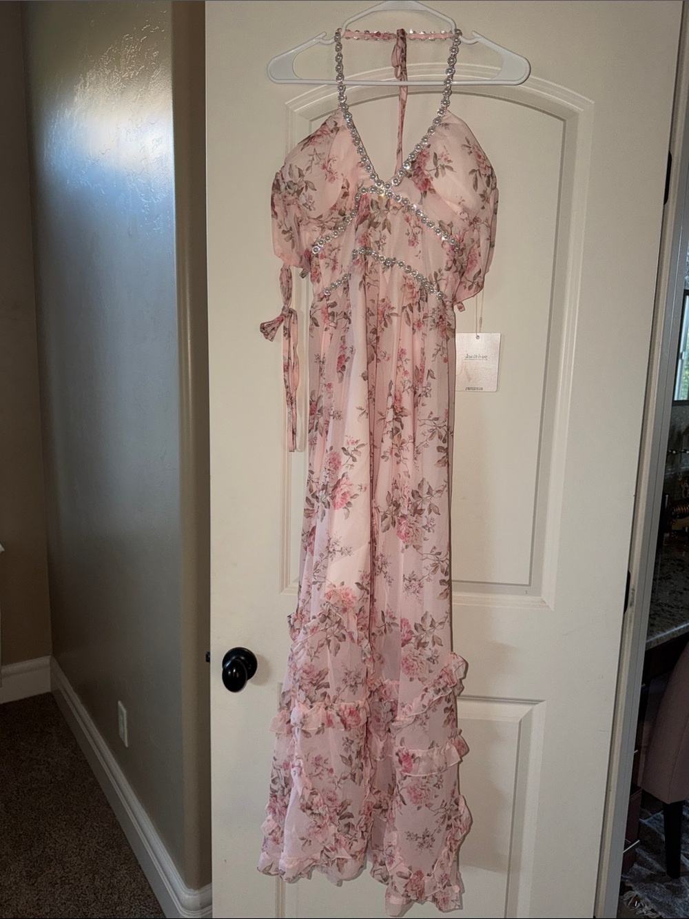 Pink Floral Halter Maxi Dress with Ruffle Hem beautiful for weddings prom, etc